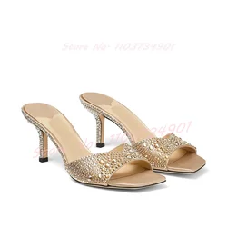 Crystals Studded Slippers Women Luxury Outdoor Square Toe Slip-On Stiletto High Heels Mules Female Big Size Party Sexy Shoes