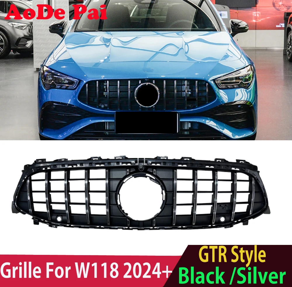 2024 New W118 Grille GTR Panamericana Style Front Bumper Grill Mesh Hood for Mercedes CLA Class W118  X118 Silver Black 2024+