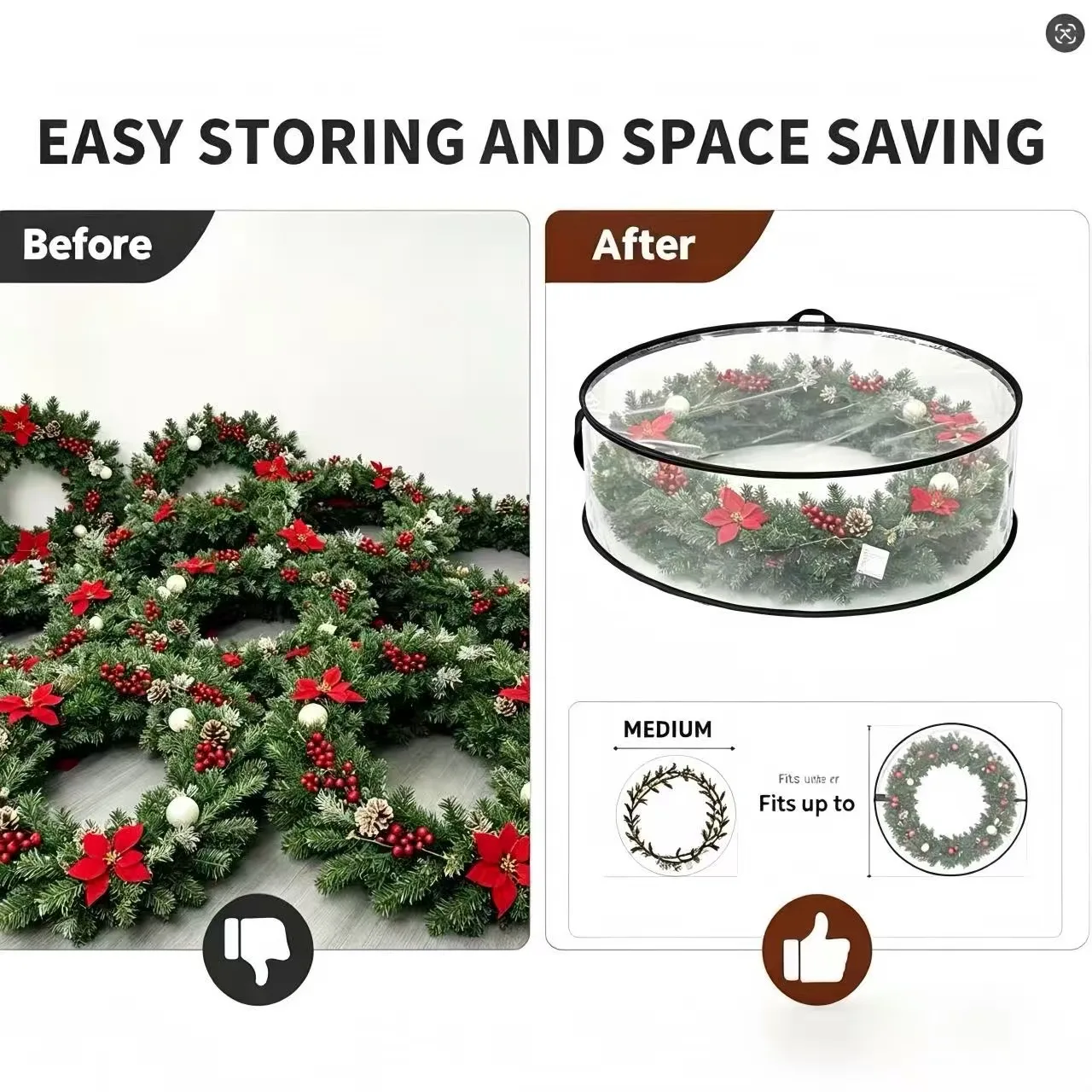 Transparent Christmas Wreath Storage Bag,Large Capacity Dust-proof and Moisture-proof Holiday Wreath Storage Bag,with PVC Handle view 4