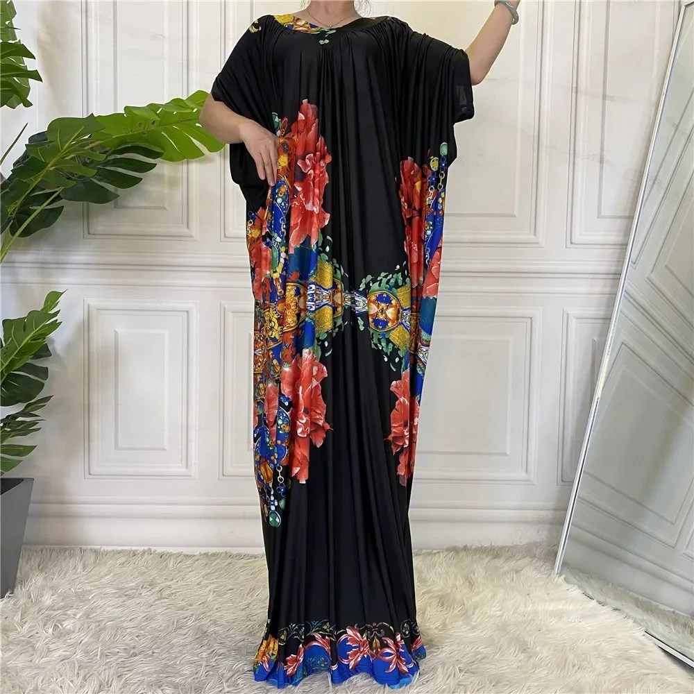 Casual Short Sleeve Ruffles Dubai Abayas Sexy V-neck Summer Dress for Women Loose Muslim Printed Long Dress Robe Elegante Femme