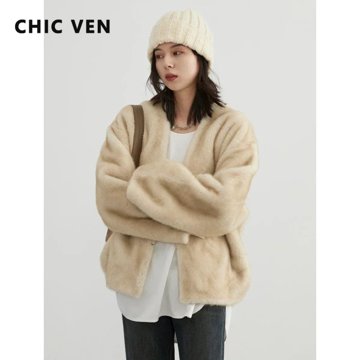 CHIC VEN-chaqueta holgada informal para mujer, abrigo liso de felpa con cuello en V, prendas de vestir exteriores, otoño e invierno, 2023