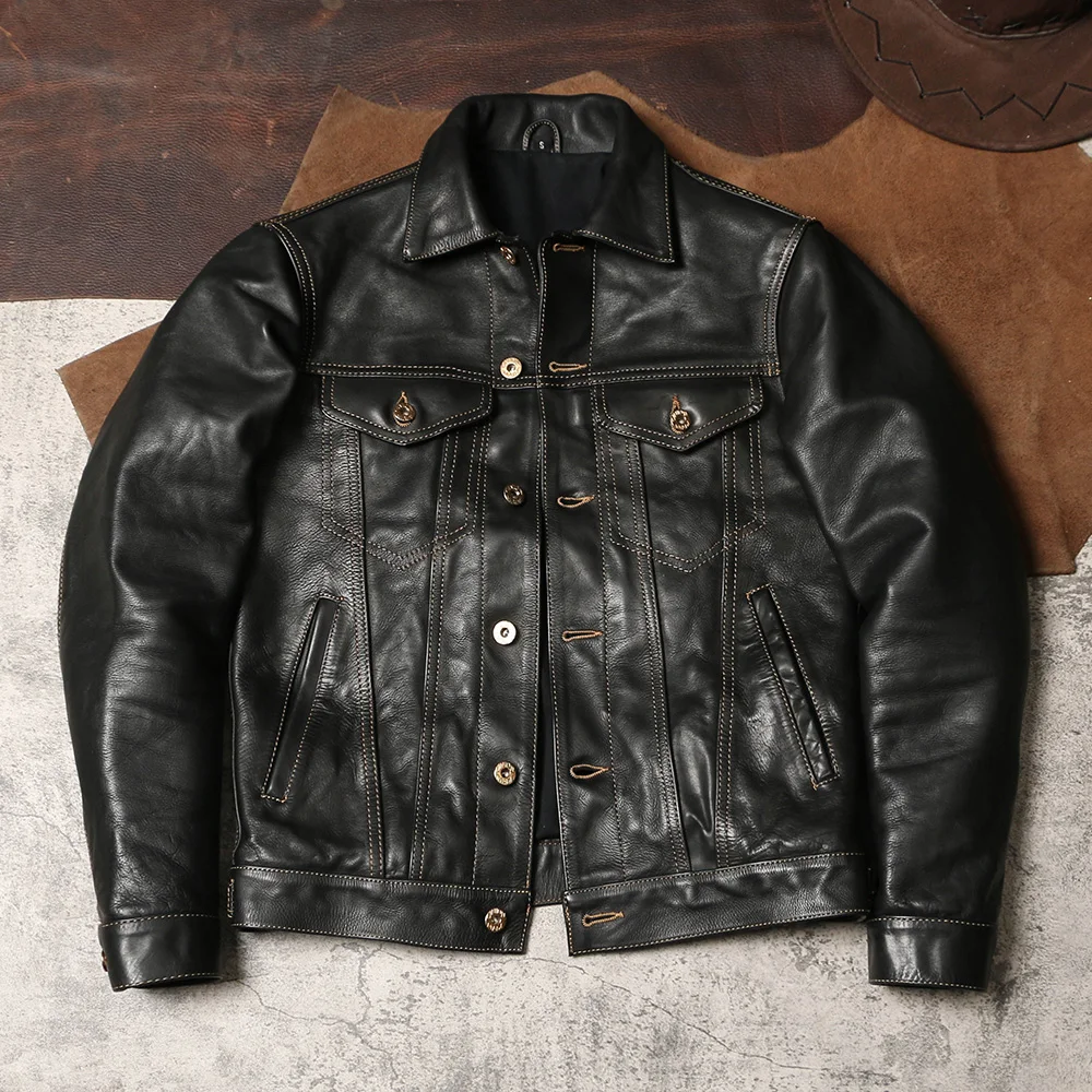 DSC798 Asian Size Men's Slim Vintage Genuine Italian Tuscany Cow Leather Cotton Lining Storm Rider Jacket