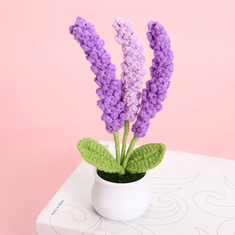 Knitted Lavender Potted Plant Carnation Daisy Crochet Flowers Home Office Desktop Decoration Handmade Simulation Flower Gift