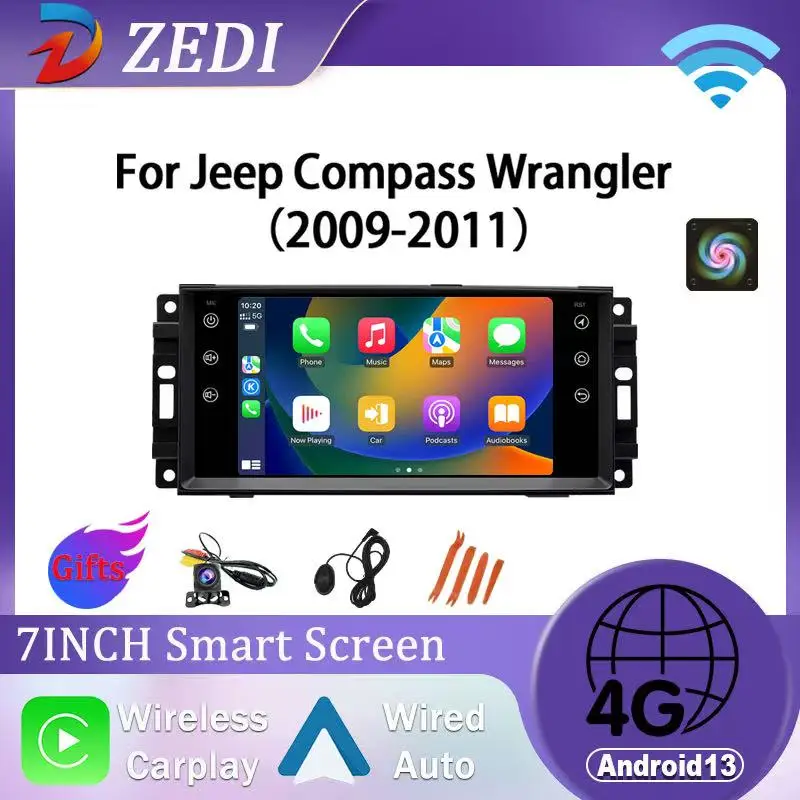 7inch Android 13 for Jeep Cherokee Compass Commander Wrangler 300C Caliber Liberty Car Radio Stereo 4G+WIFI AI Voice GPS Navi