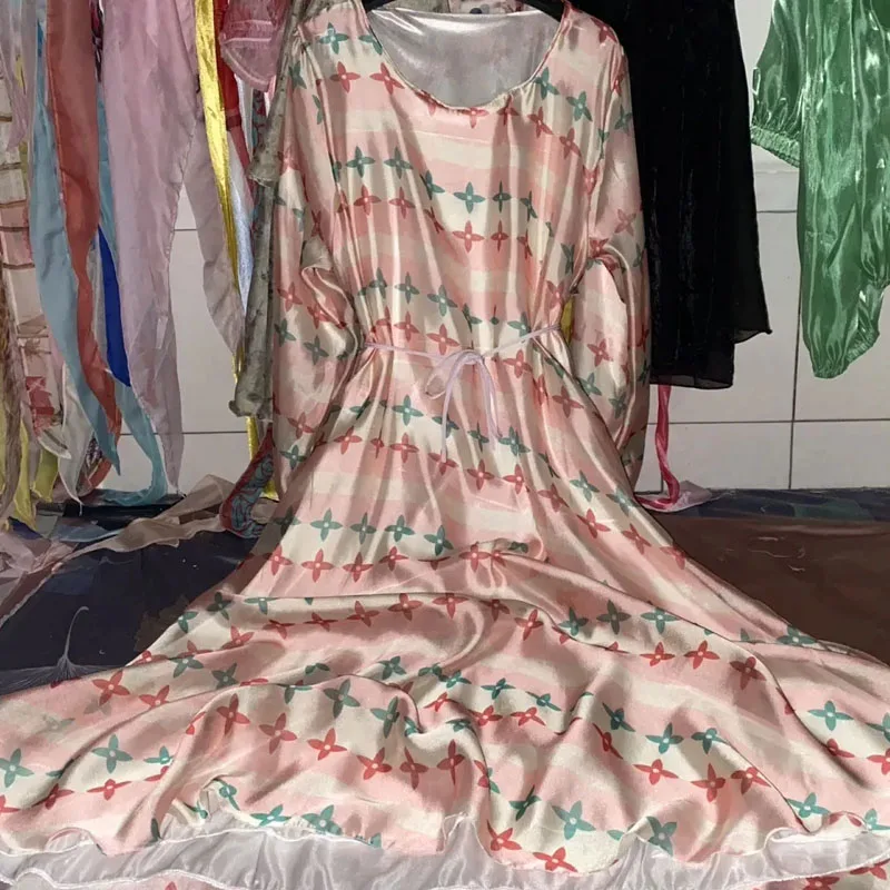 

Men Glossy 2 Layers Floral Print Voile Outside Ice Silk Inside Sexy Women Soft Silky Long Dresses Elegant Loose Maxi Dress