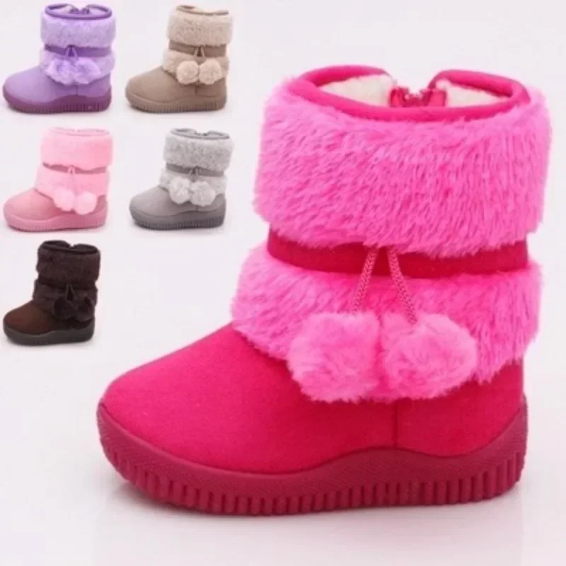 Winter Girls Snow Boots PU Leather Waterproof Thickened Plush Warm Cotton Shoes Non-slip Children\'s Outdoor Sneakers Hairball