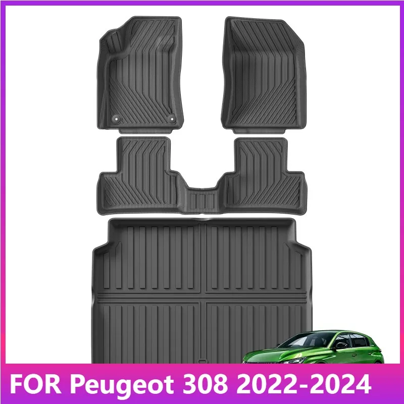 

Коврики для Peugeot 308 2022 2023 2024 TPE 3D Автомобильные коврики Коврик для багажника Черный Водонепроницаемый Всепогодный Левый Руль