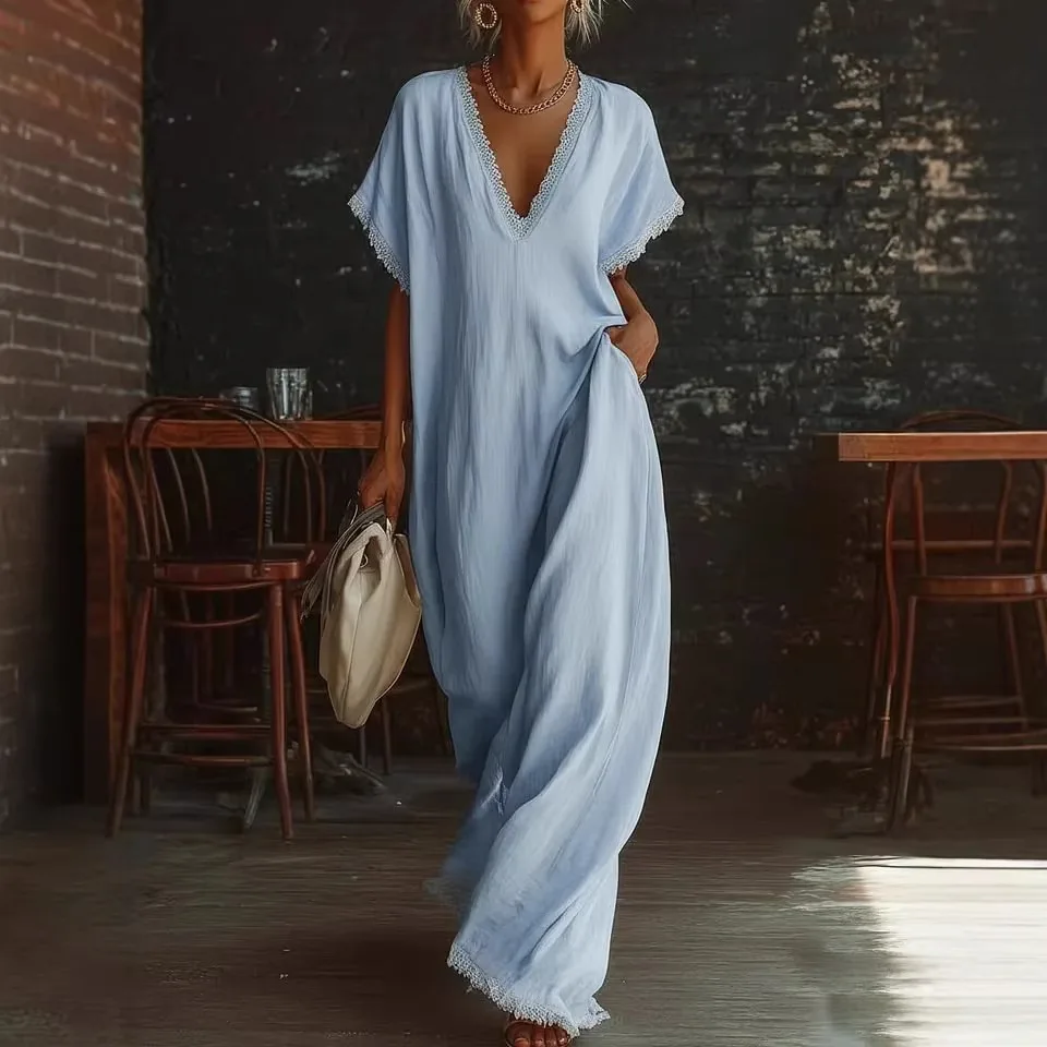 Elegant Lace Long Dresses 2026 Women's Summer Short Sleeve Loose Dresses Fashion Casual Party Dress Vestidos For Female Robes