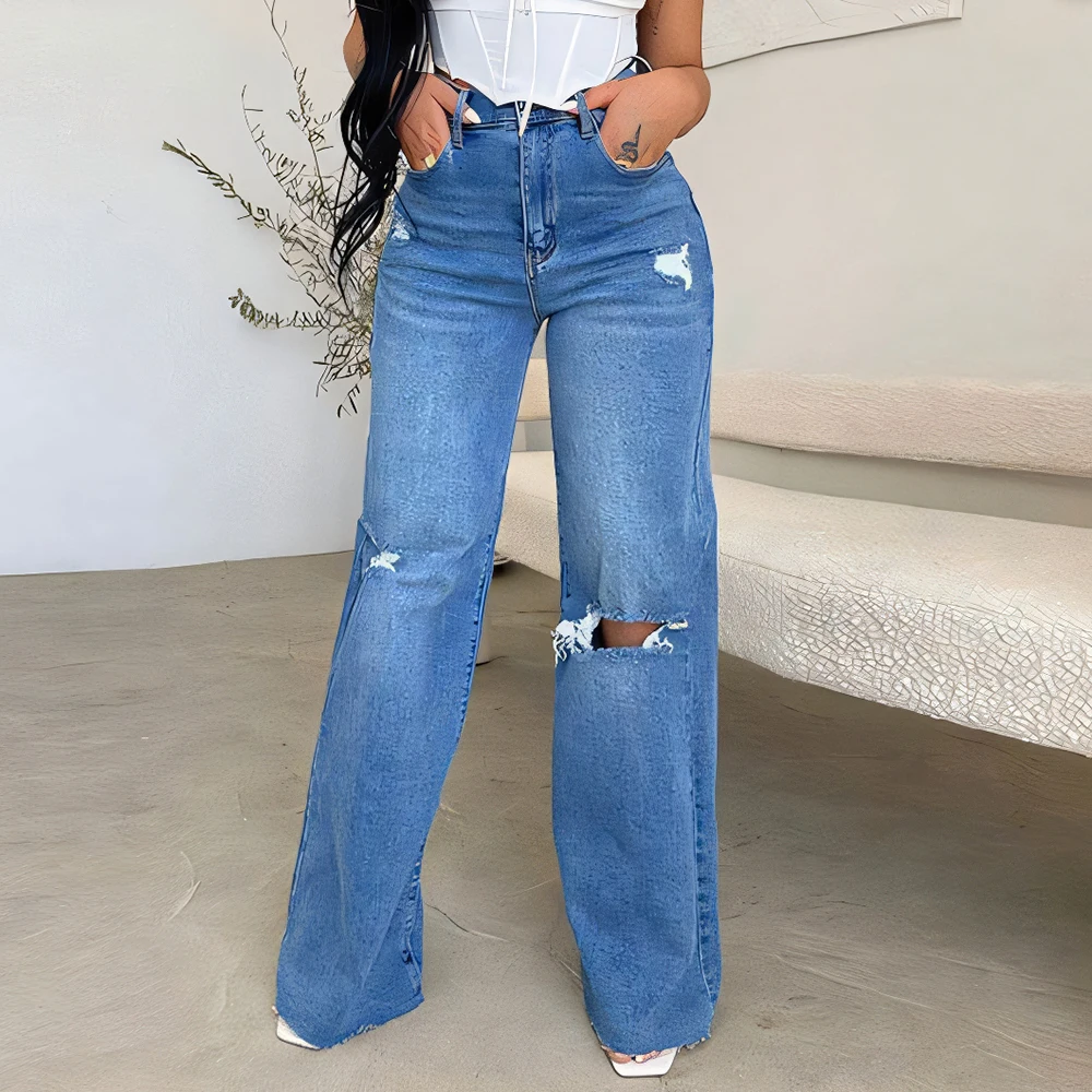 กางเกงผู้หญิงทรงตรงสไตล์สตรีทแวร์  แบบเกาหลี  ผ้าเนื้อธรรมชาติ  เอวธรรมชาติ  ขาดเซอร์ๆ  ตัดเย็บแบบเว้า  ใส่ได้ทุกฤดู  ความยาวเต็มตัว