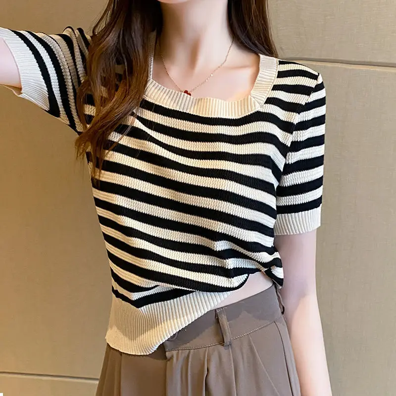 Summer New Round Neck Short Sleeve T-shirt Women Striped Contrast Color Ice Silk Fabric Pullovers Sweet Thin Style Knitting Tee