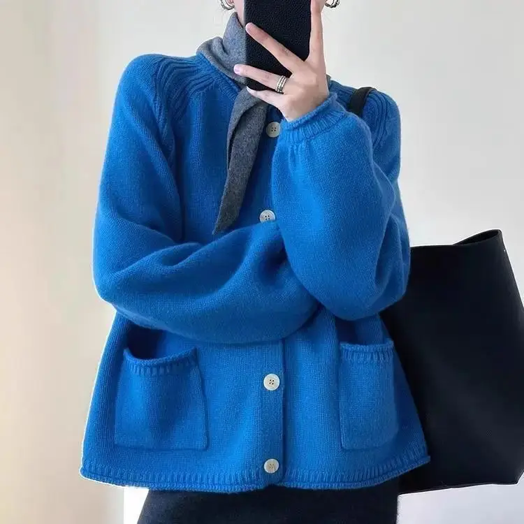 

Klein Blue Knit Cardigan Sweater Korean Women Long Sleeve Vintage Sweater Oversize Elegant Tops Coats Casual Spring Knitwear