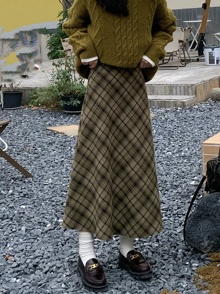 

Осенне-зимняя шерстяная юбка миди в клетку А-силуэта с высокой талией, в корейском стиле, для женщин
