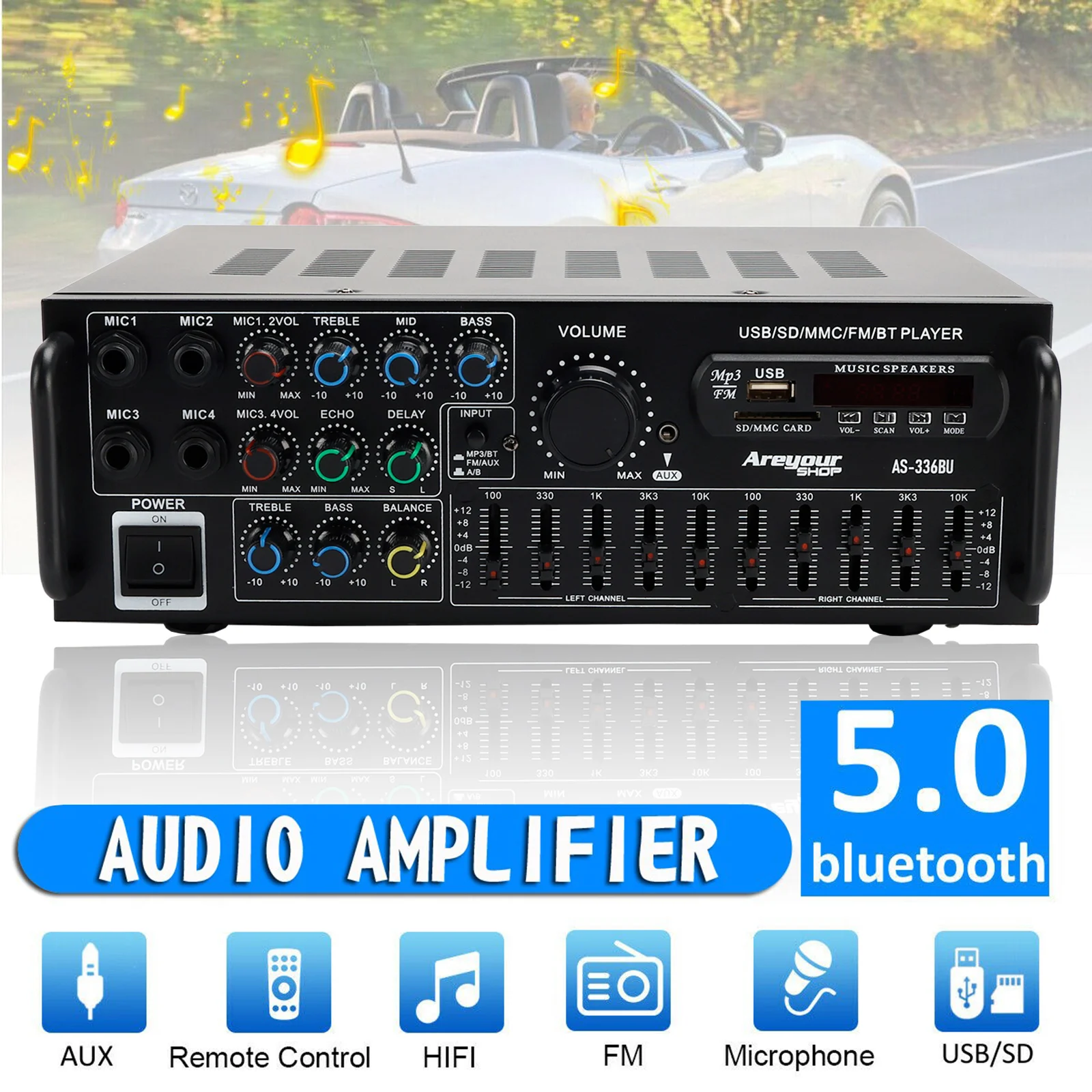 Bluetooth 5.0 HiFi Sunbuck 2000W Stereo-Leistungsverstärker Karaoke FM USB SD AUX