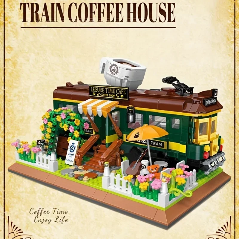 1081PCS Train Coffee Shop Building Blocks City Cafe Store Creative Sreet View Assembly Model Bricks Children's Christmas Gifts