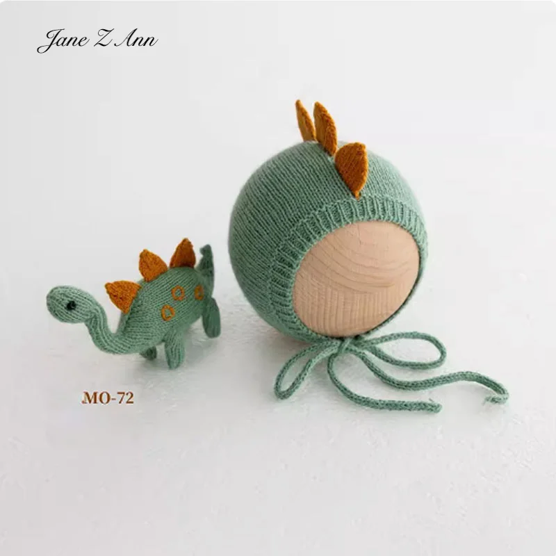 Newborn baby photo props handmade knitted dino bonnet+dinosaur doll 3 colors studio shooting accessories