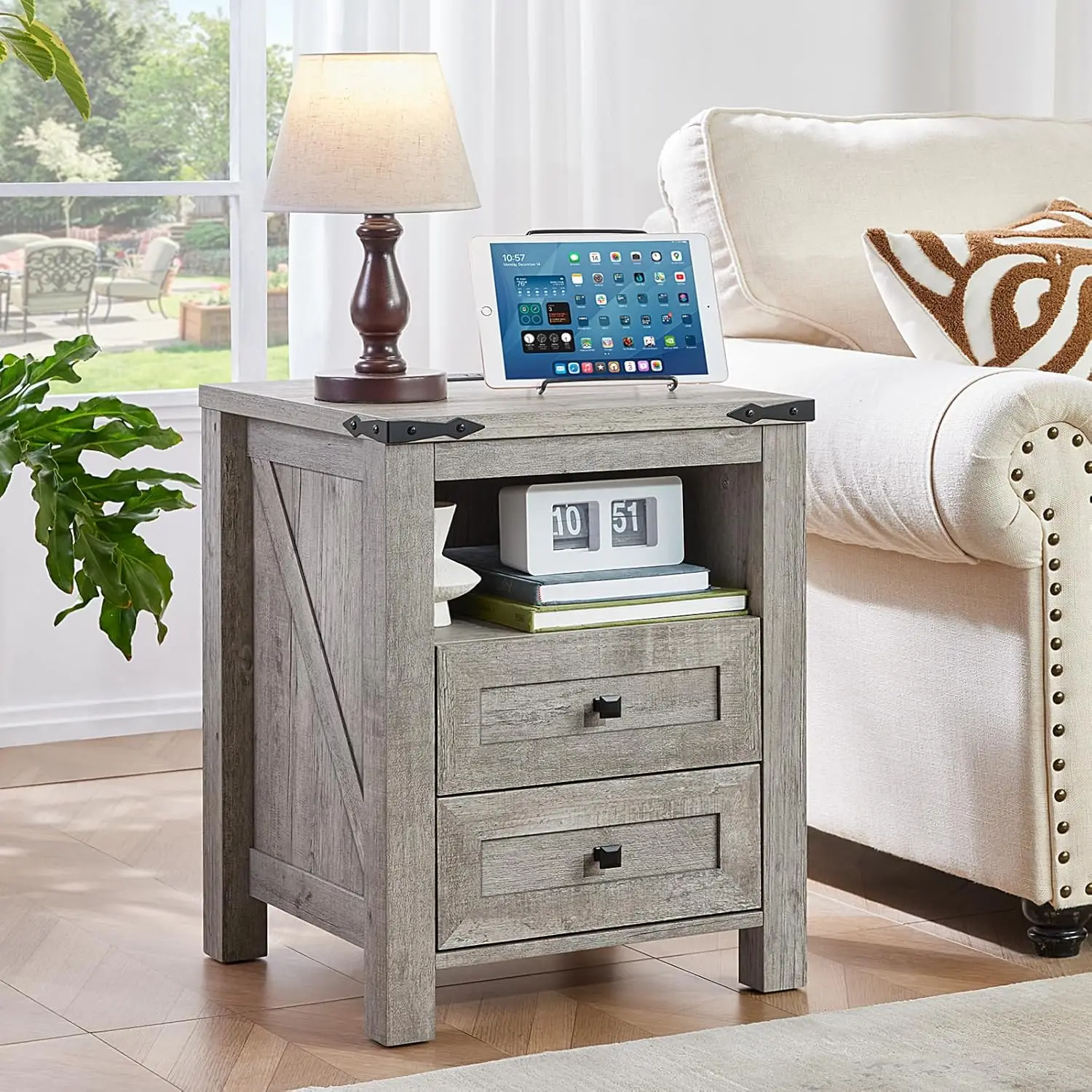 

Nightstand With Charging Station And USB Port, Farmhouse Night Stand With 2 Drawers And Shelf Storage, Wooden Side, Customized