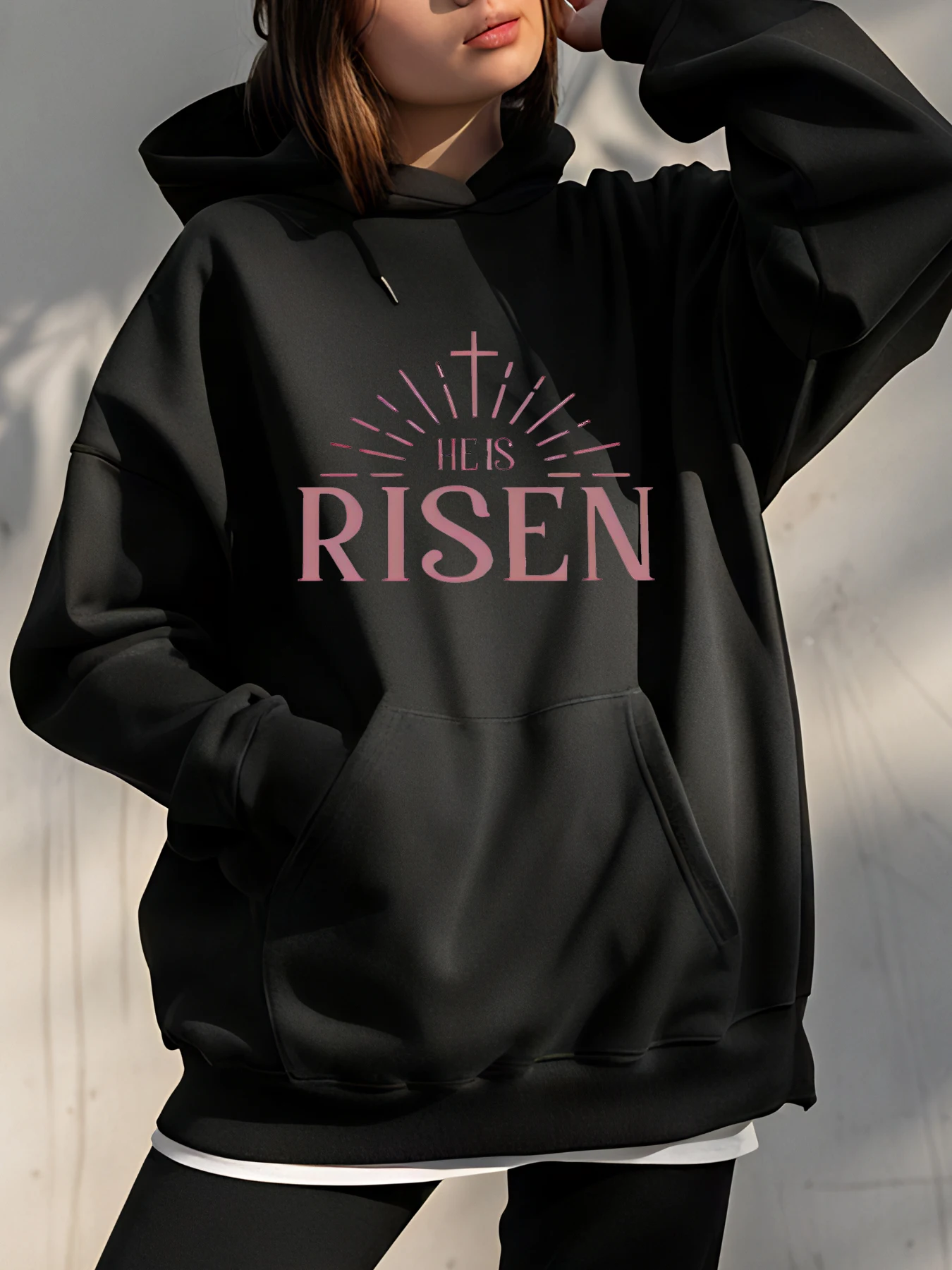 

Толстовка с капюшоном с христианским крестом He Is Risen, женская религиозная толстовка, пасхальная весенняя повседневная одежда, модный наряд веры