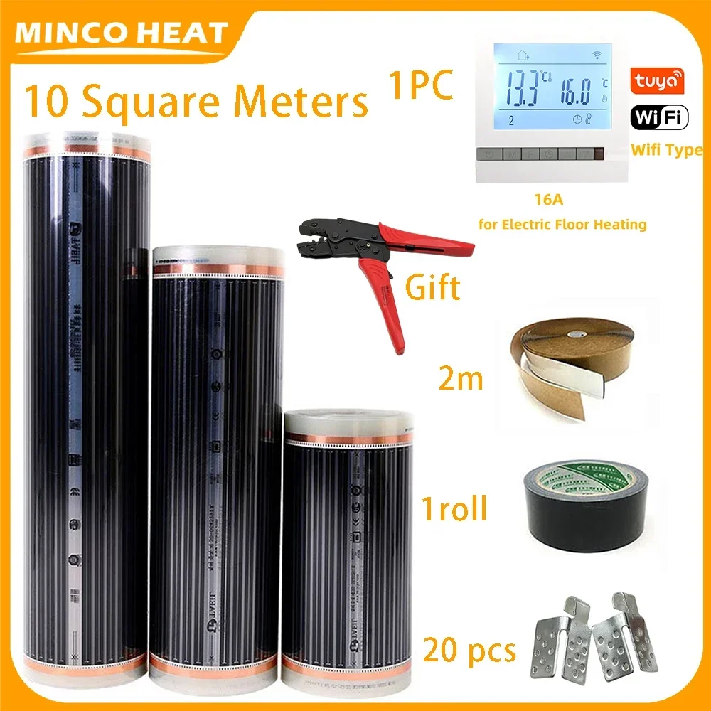 Minco Warmte 220W/ ㎡ 50/80 cm breedte 10 m2 infrarood vloerverwarmingsfilm met wifi-thermostaat installatiekit
