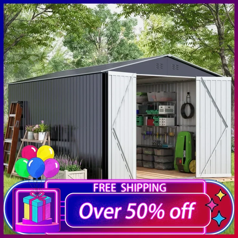 

8 x 12 FT Storage Shed, Large Metal Tool Sheds with Lockable Doors and Updated Frame Structure, Garden Shed for Backyard