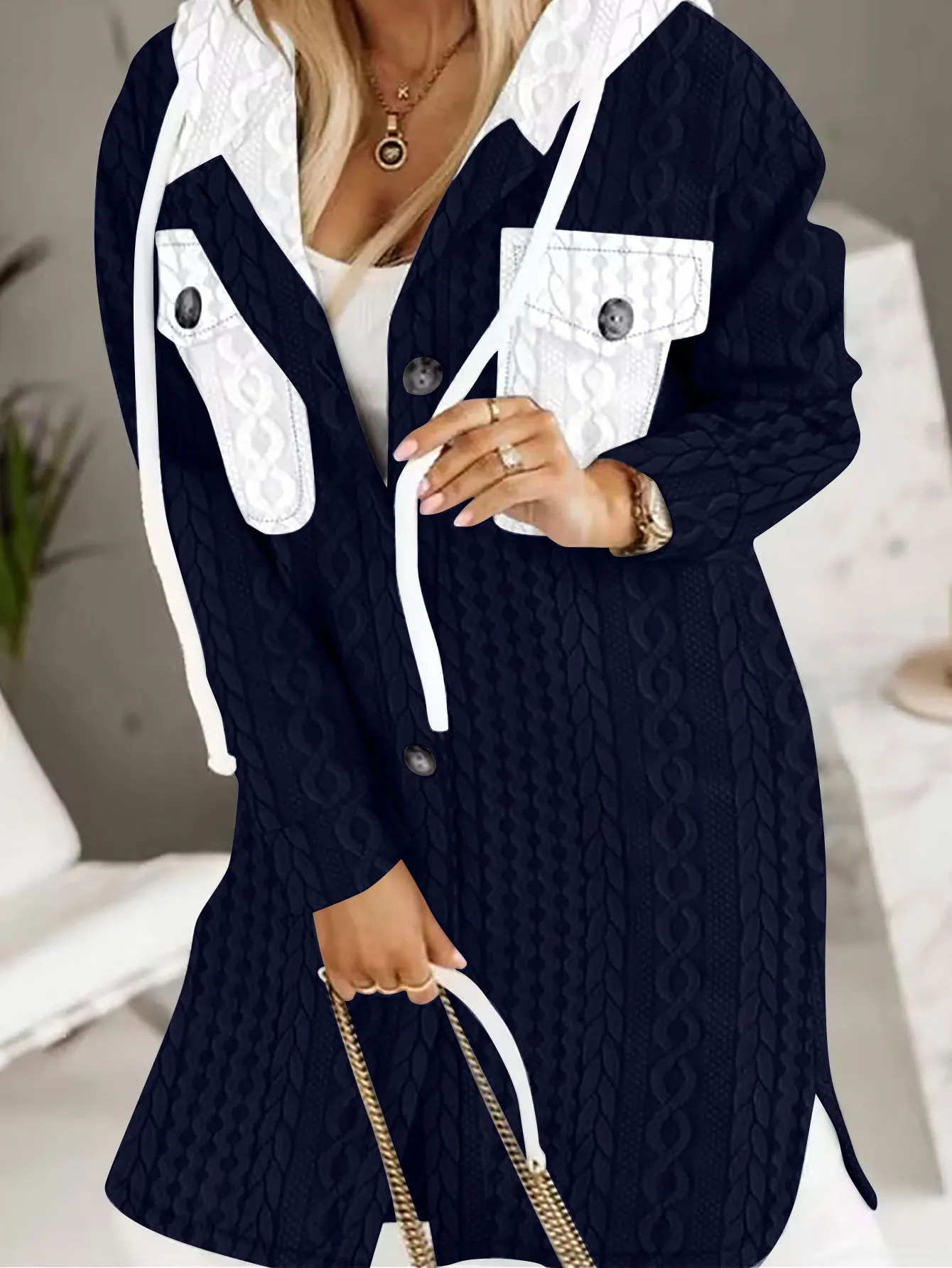 Cárdigans cálidos con capucha para mujer, abrigo informal de manga larga con bolsillo y botones, ropa de otoño e invierno, 2023