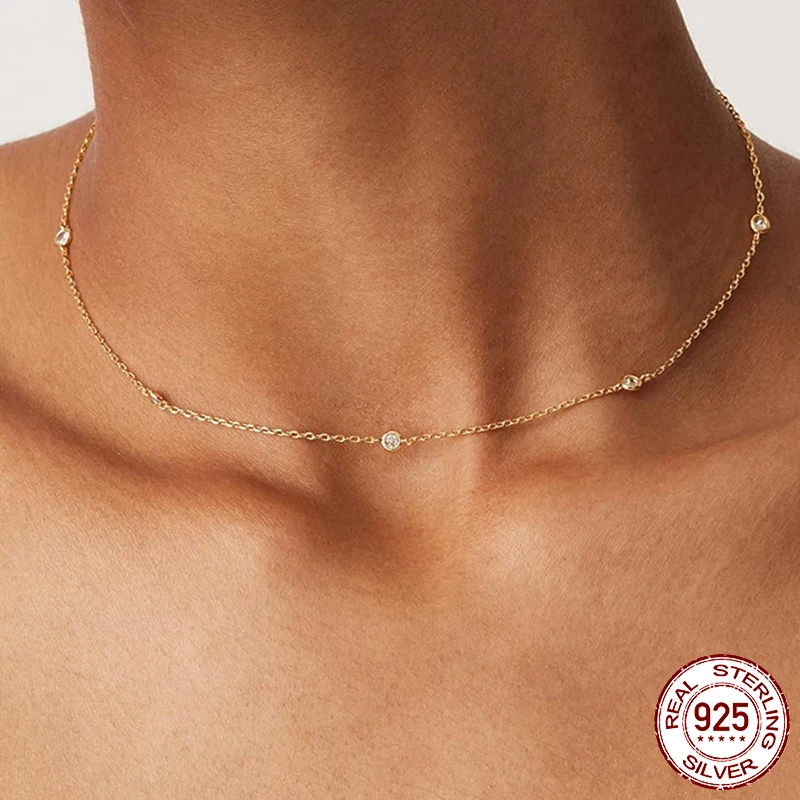 BAMOER 925 Sterling Silver Moissanite Layering Necklace, Gold Plated Adjustable Link Chain Necklace for Women Station Necklace 2