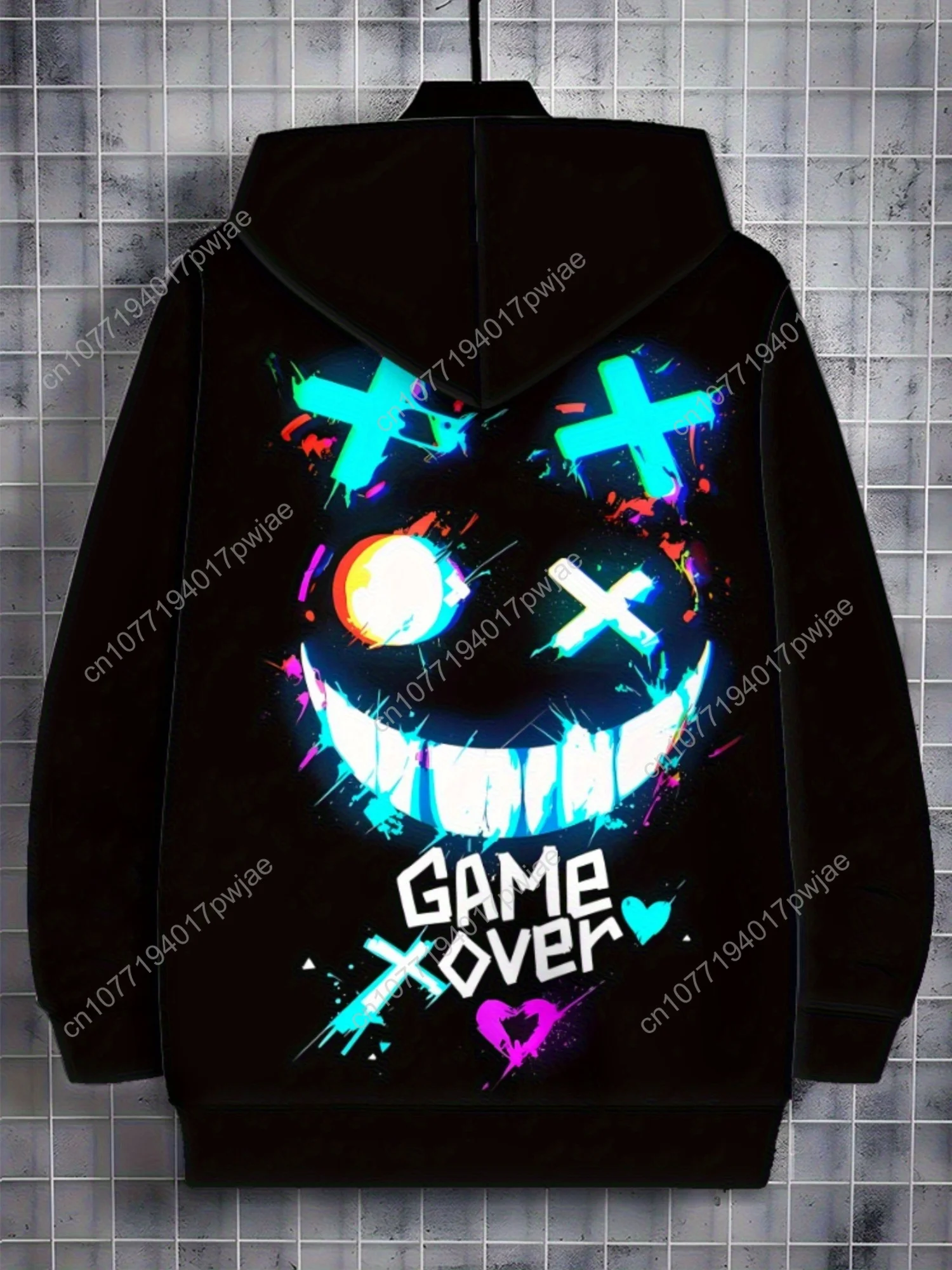 [Hoodie gráfico preto macio] Moletom masculino com zíper preto macio e durável com gráfico Vibrante Game Xover |   Ajuste confortável, Desi elegante