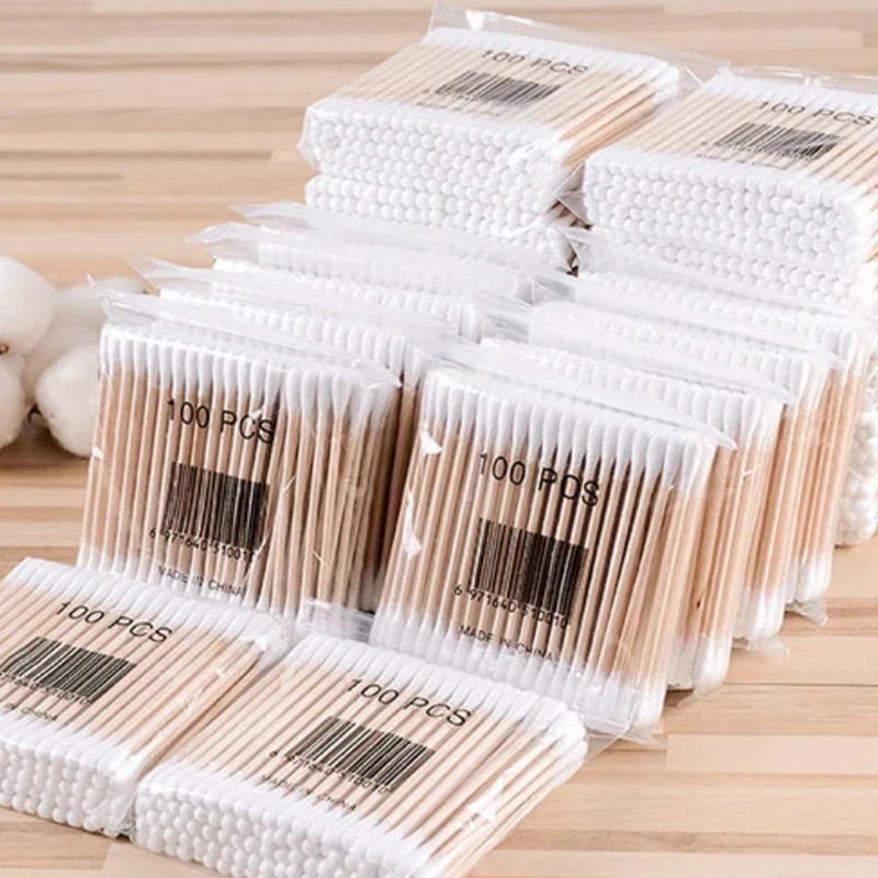 500 قطعة أعواد قطنية خشبية مزدوجة الرأس آذان الأنف تنظيف النساء أدوات ماكياج Lipstik أعواد قطنية تلميح العصي الرعاية الصحية #4