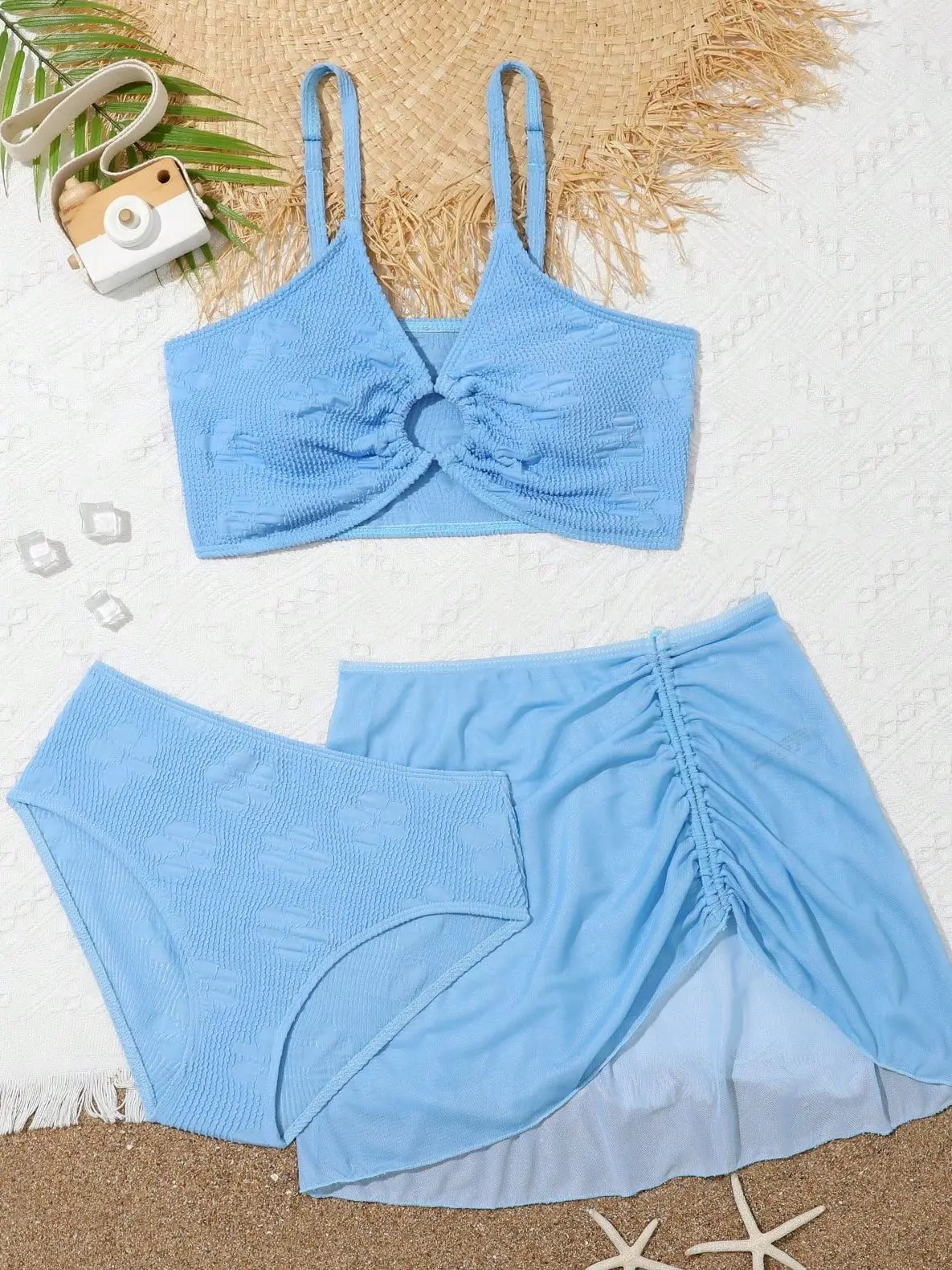 Ring Detail Bikini 2023 Girls Swimsuit High Waist Kids Swimwear Female & Drawstring Beach Skirt Children Swimming Swim Suit