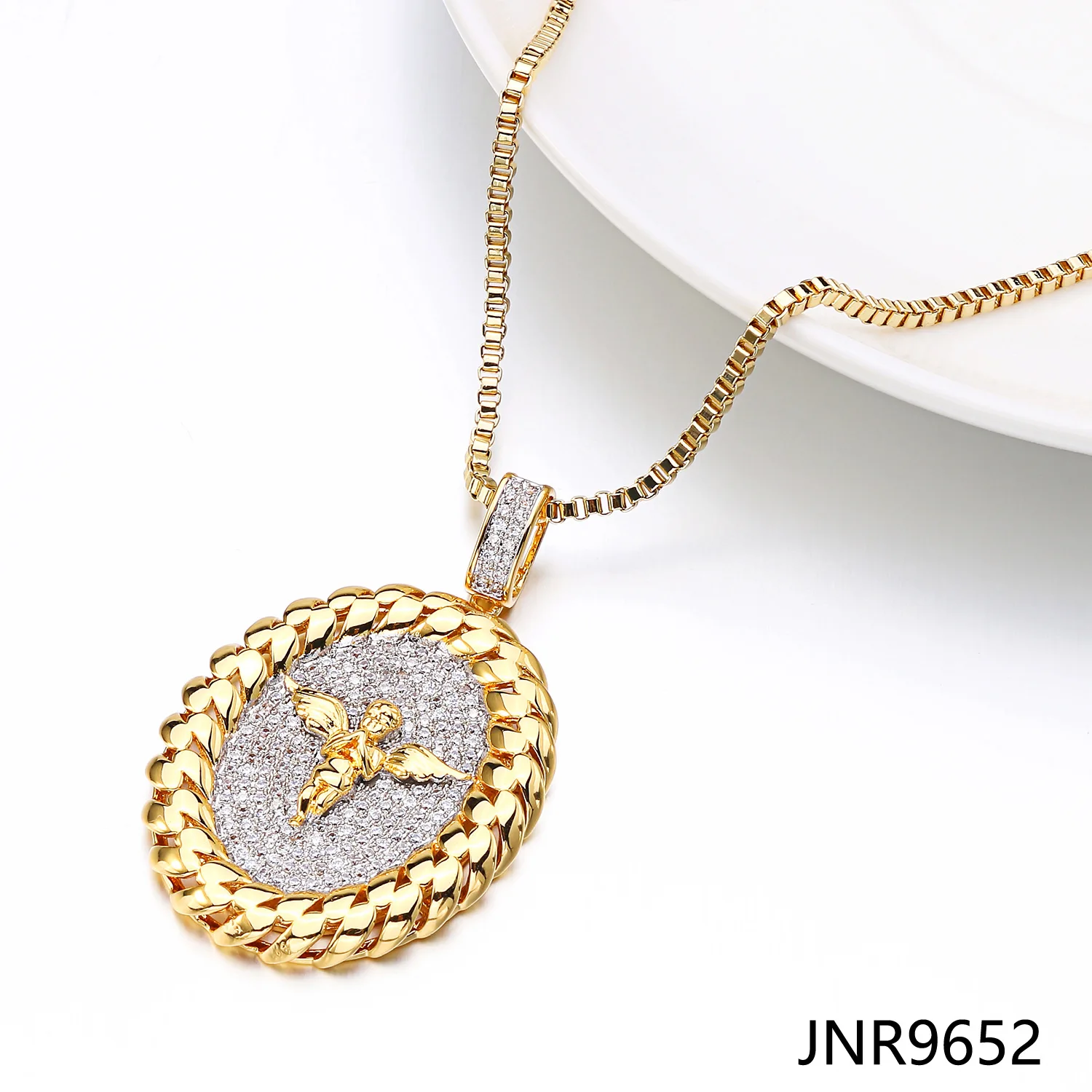 Yellow Gold Cubic Zirconia Pendant Oval Angel Wings Pendant Hip Hop Zircon Necklace Men's and Women's Gold Plated Jewelry