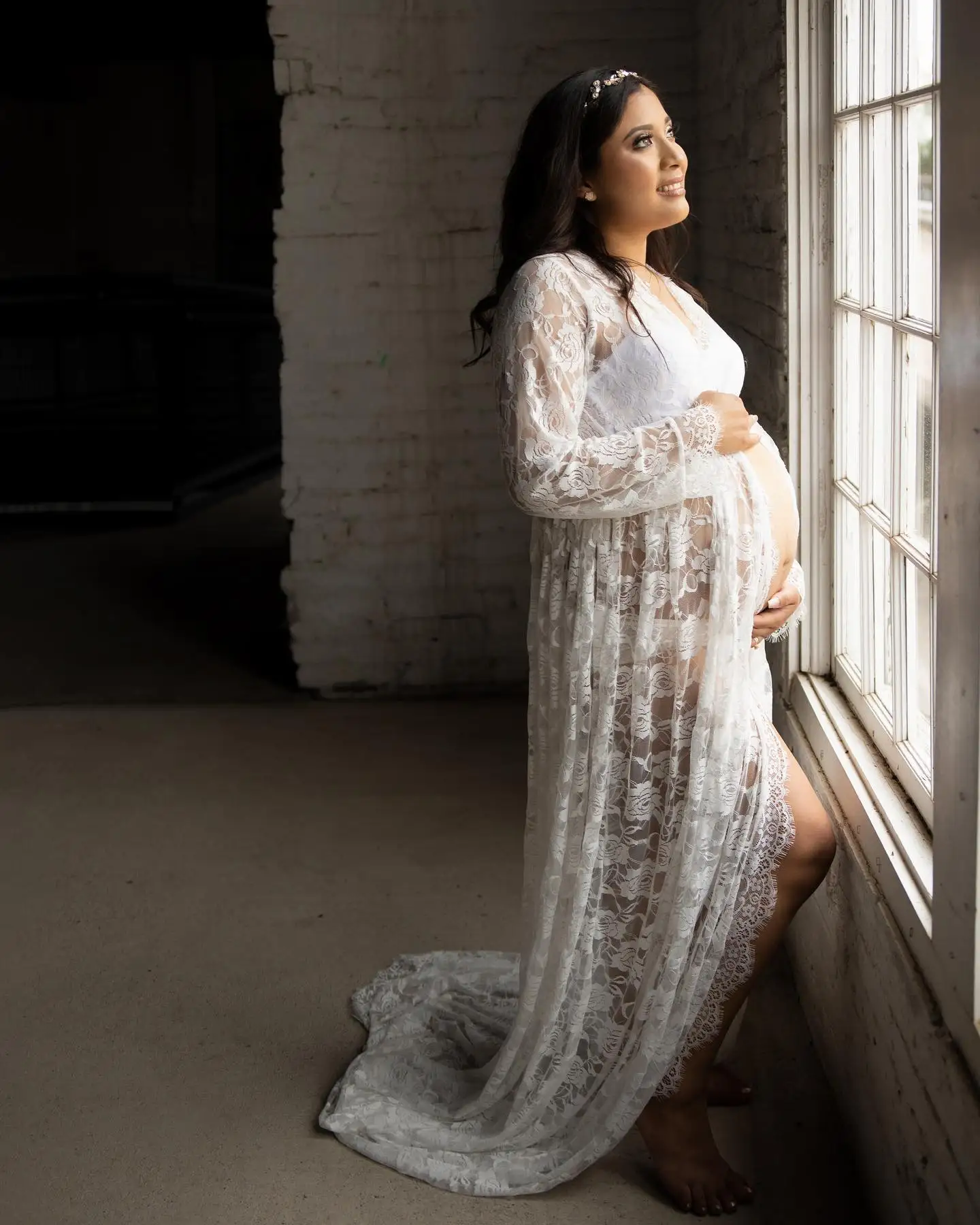 

White Lace Women Pregnant Maternity Dresses for Photo Shoot Rose Flower Robe Custom Made Prom Gown(No underwear clothes)