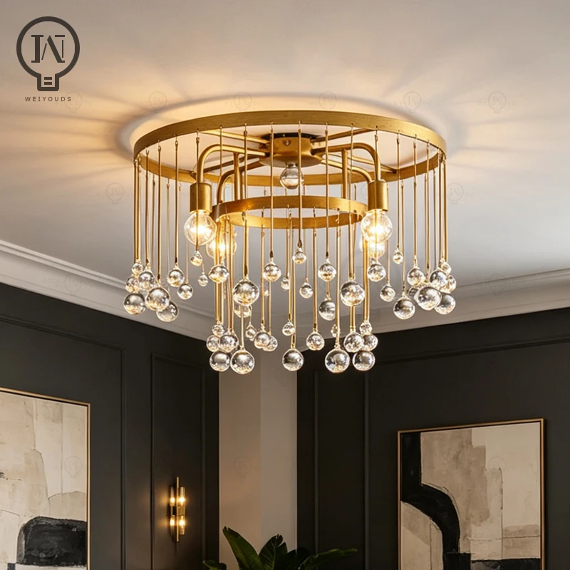 High end light luxury all copper ceiling light crystal pendant suitable for living room, bedroom, and study ceiling lights