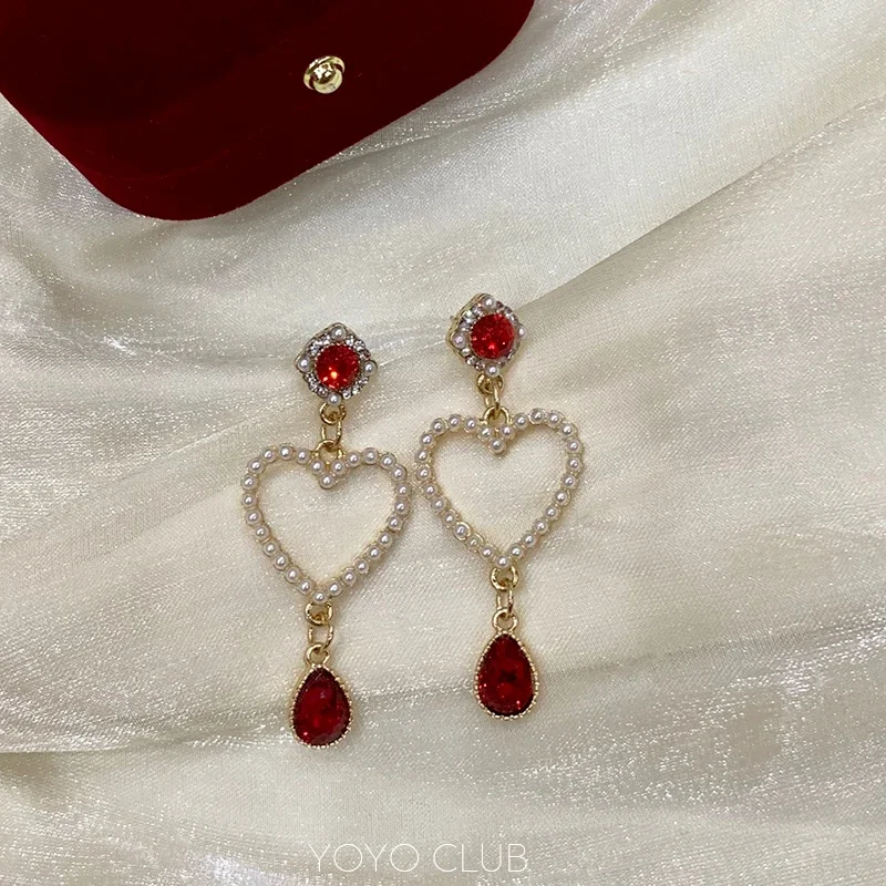 Gentle Retro Baroque Pearl Heart Shaped Clip on Earrings Temperament French Red Water Drop Stone Long Clip Earring No Piercing