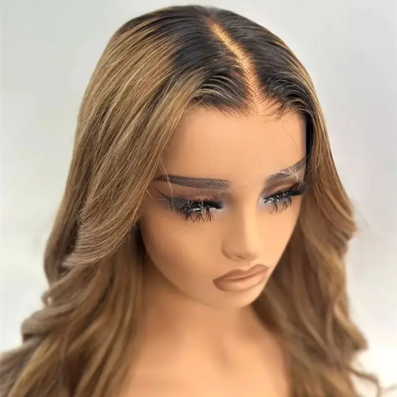 

Синтетический парик с длинными волнистыми волосами (28 дюймов), с кружевной передней частью, предварительно проработанной линией роста волос, центральным пробором, омбре: карамельно-коричневые пряди с темными корнями