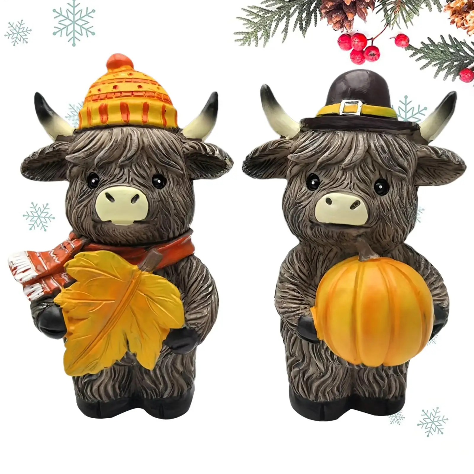 Fall Highland Cow Figurine Highland Cattle Figurines Autumn 2 Pieces Rustic Cow Statue for Desktop Bookshelf Fireplace Dining
