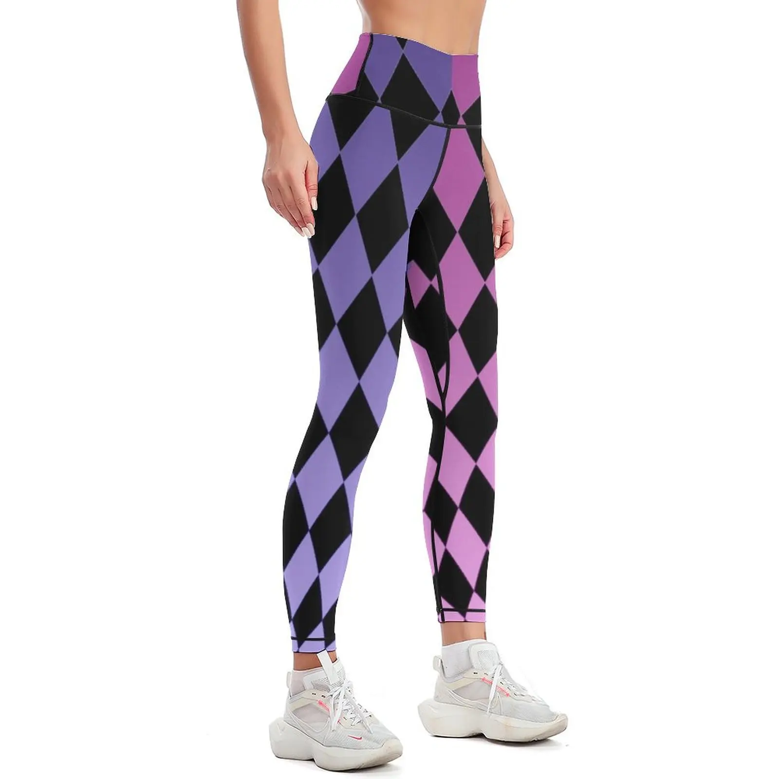 Harlequin diamond pattern divided one side purple the other pink on a black background Leggings for girls Womens Leggings