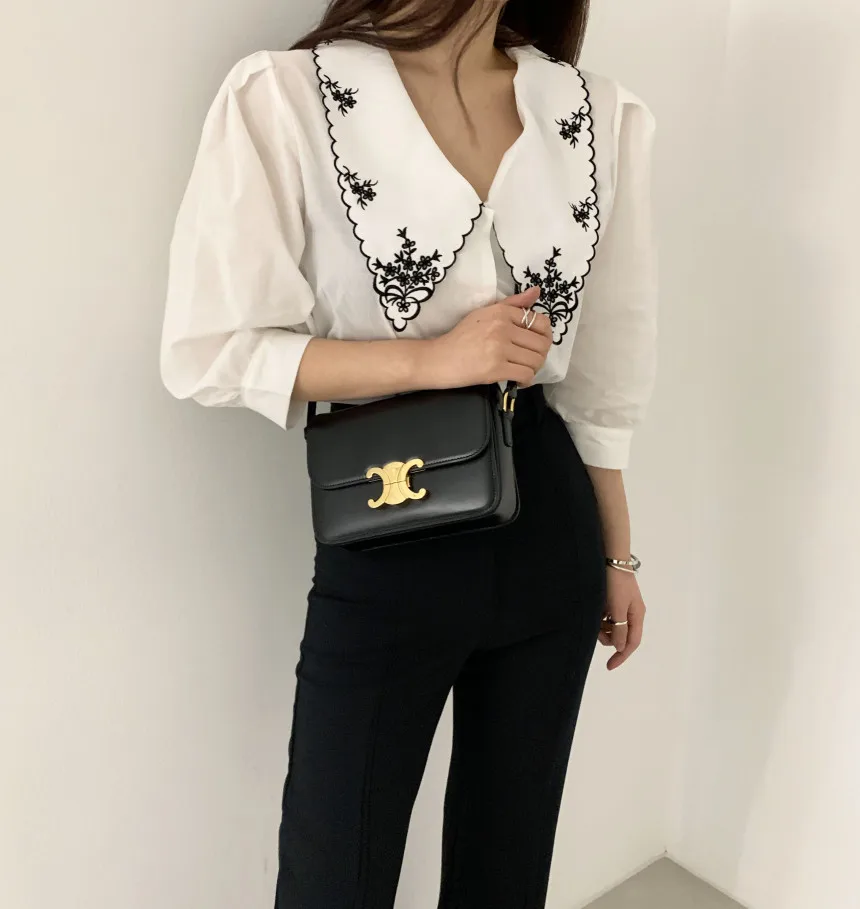 Chemise ample à manches courtes, design rétro coréen brodé à grand col, couleur contrastée, style cour française