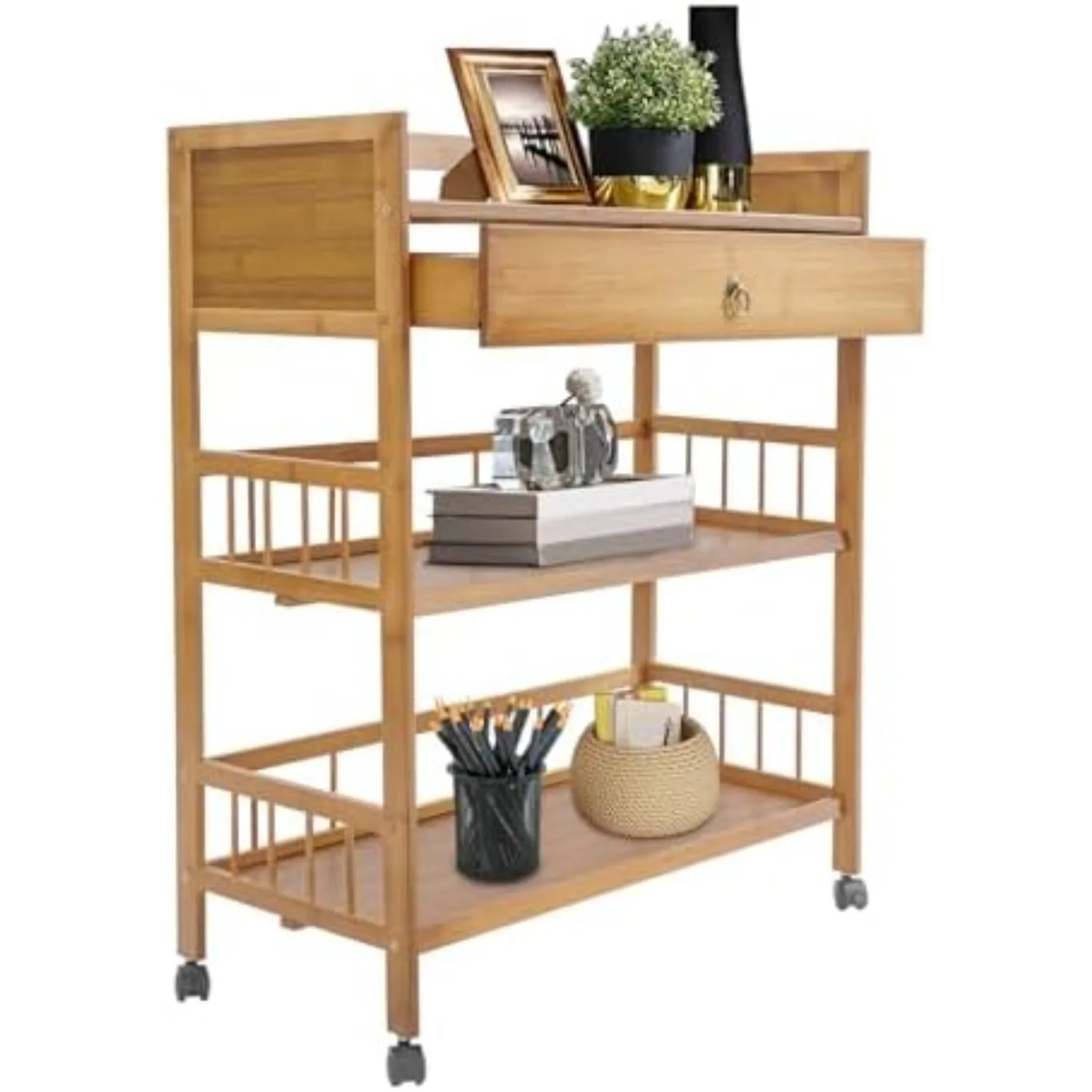 3 Tier Bamboo Rolling Cart, Rolling Kitchen Island Cart with Drawers Shelves, Storage Cart Trolley Kitchen Organizer