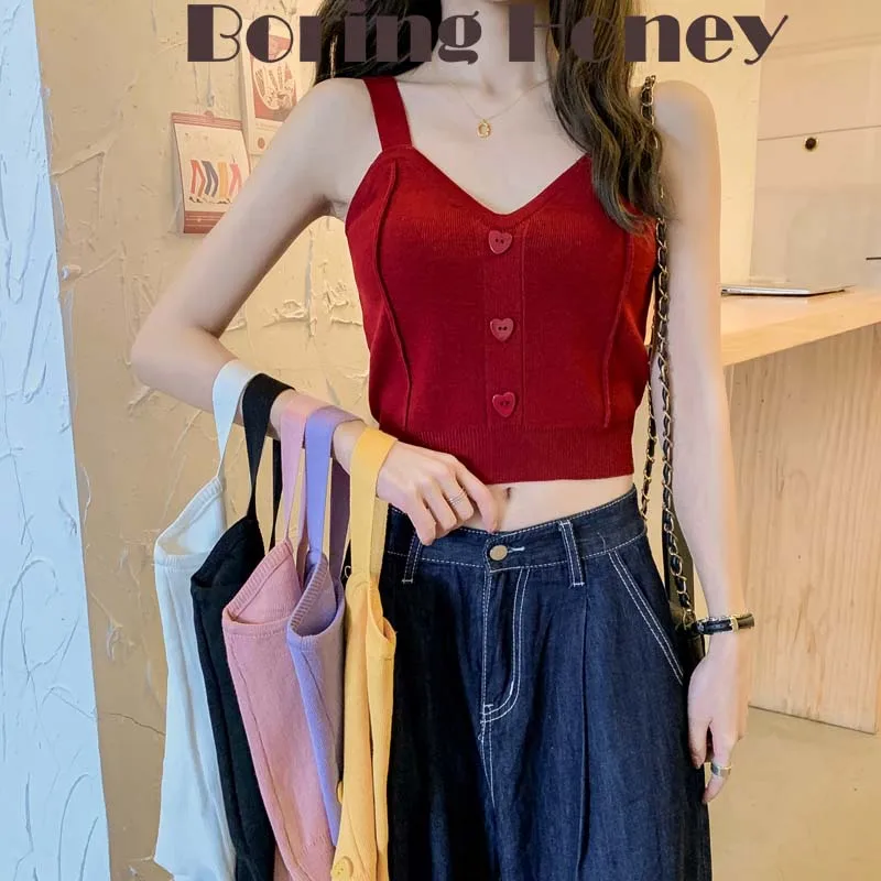 Boring Honey Spring Summer Single-Breasted Button V-Neck Chic Short Top Women Sling Vest Knitting Fashion Women Clothes Tops Chi