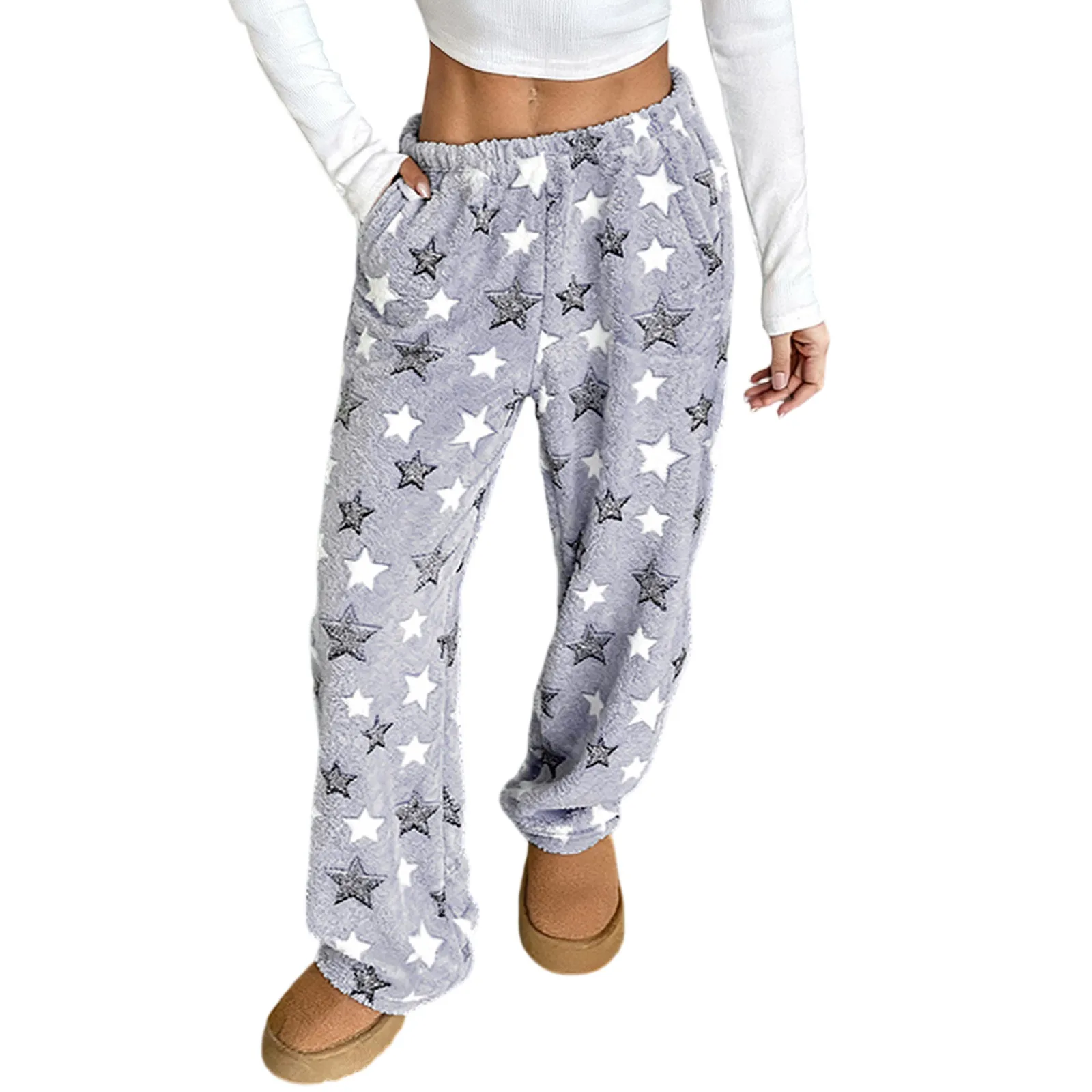 

Women's Home Clothes Set Outdoor Wearable Autumn Winter Thermal Suit Couple's Ultra-Thick Coral Warm Fleece Print Long Pants