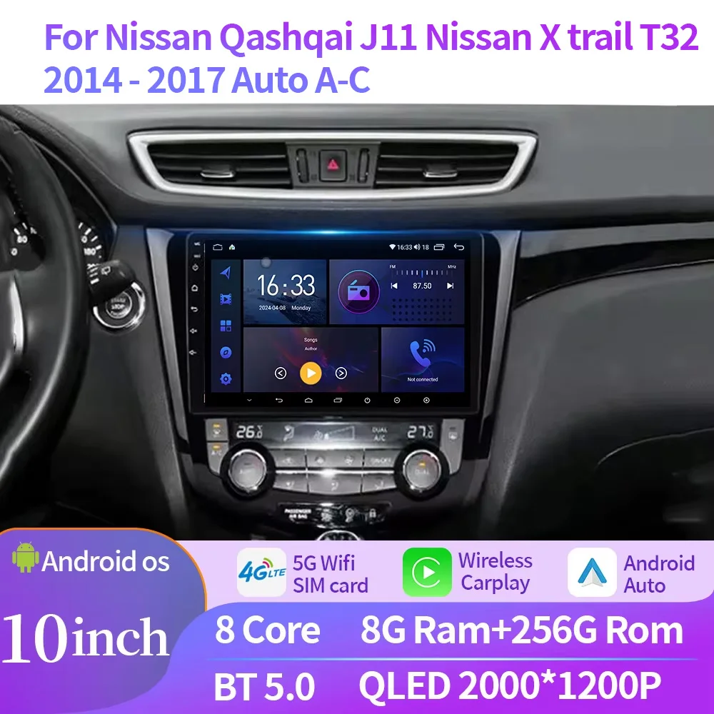 For Nissan Qashqai J11 Nissan X trail T32 2014-2017 Auto A-C Car Radio Multimedia Navigation GPS Wireless Android Carplay Screen