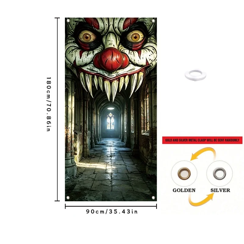 Halloween Door Banner Evil Clown Sharp Fangs Abandoned Gothic Corridor Print Wall Hanging Decor Horror Party Indoor Prop