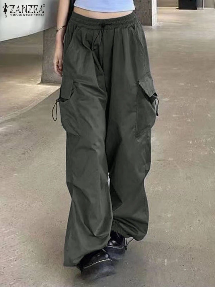 

ZANZEA Women Pants 2025 Casual Pockets Workwear Solid Color Loose Pleated Elastic Waist Long Cargo Pants High Street Bottoms