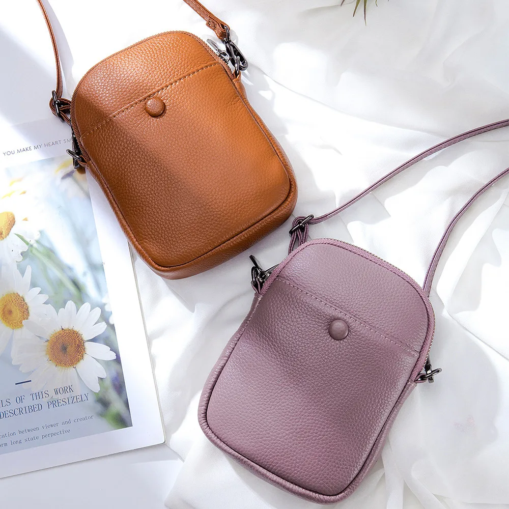 Genuine Leather Mini Mobile Phone Shoulder Bag Women Vertical Soft Crossbody Bag Designer Handbag Lipstick Key Holder For Female