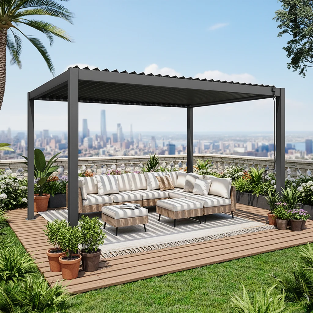 Free-Standing Aluminum Electric Pergola Outdoor Hallway Spaces Windproof Sun Rain Protection Bioclimatique Louvered Roof Pergola
