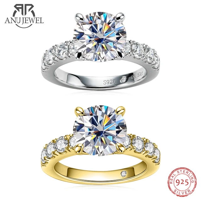 AnuJewel 4.3cttw D kolor Moissanite pierścionki zaręczynowe 925 srebro 18k pozłacane laboratorium utworzono diamentowe obrączki