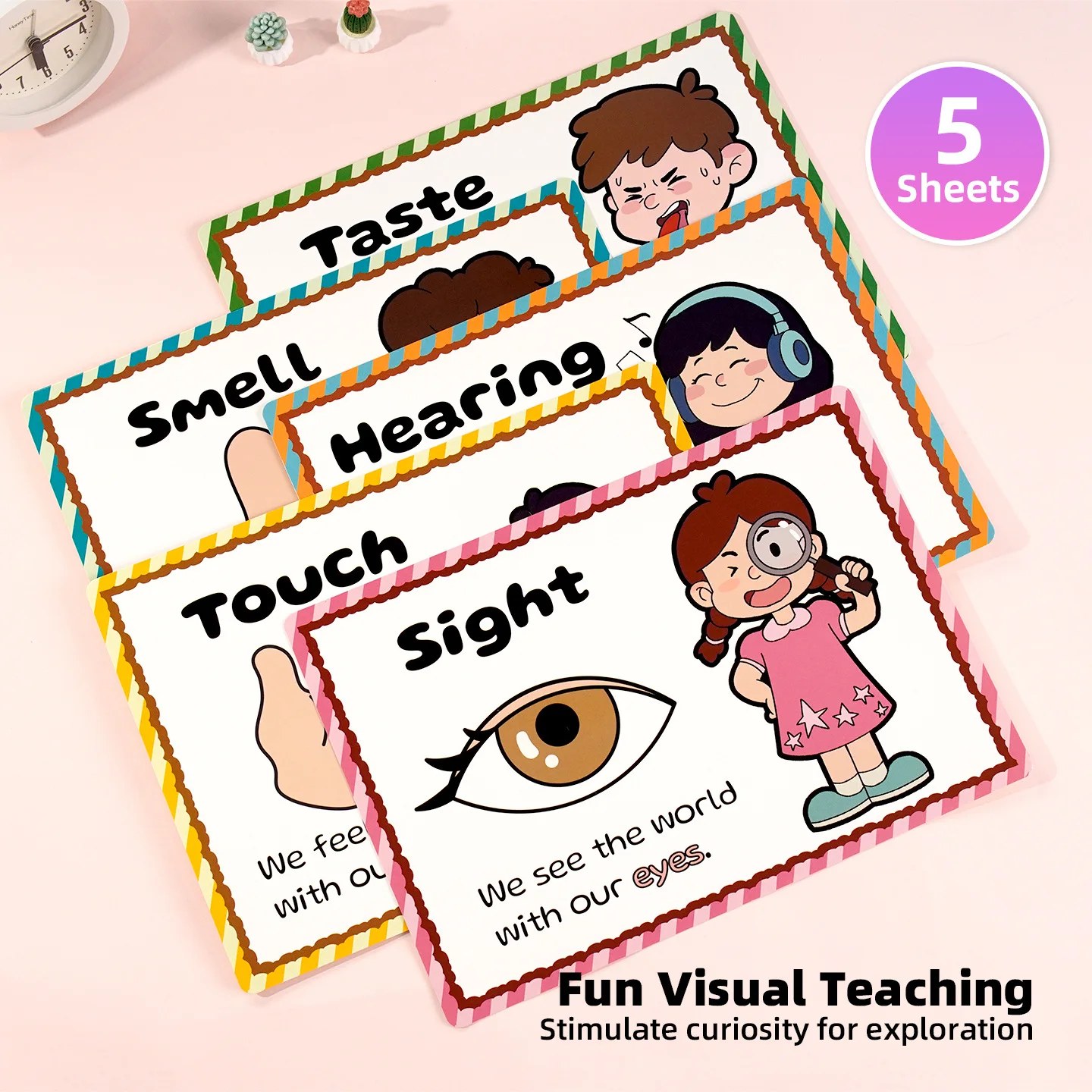 5 Sheets Kids Five Senses Educational Posters Sight Hearing Smell Taste Touch Learning Cards Preschool Visual Teaching Aids