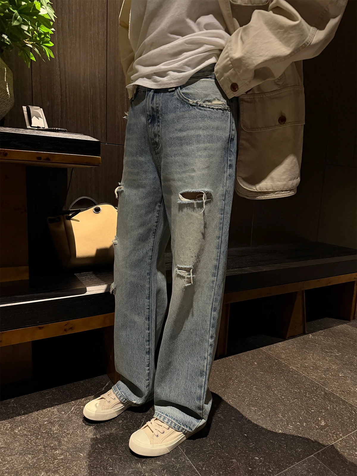 

Waed adient Light Blue Women's Jeans High Waist Straight Leg Cuffed Casual Spring Summer New Sle Lin Rou Rou Hole