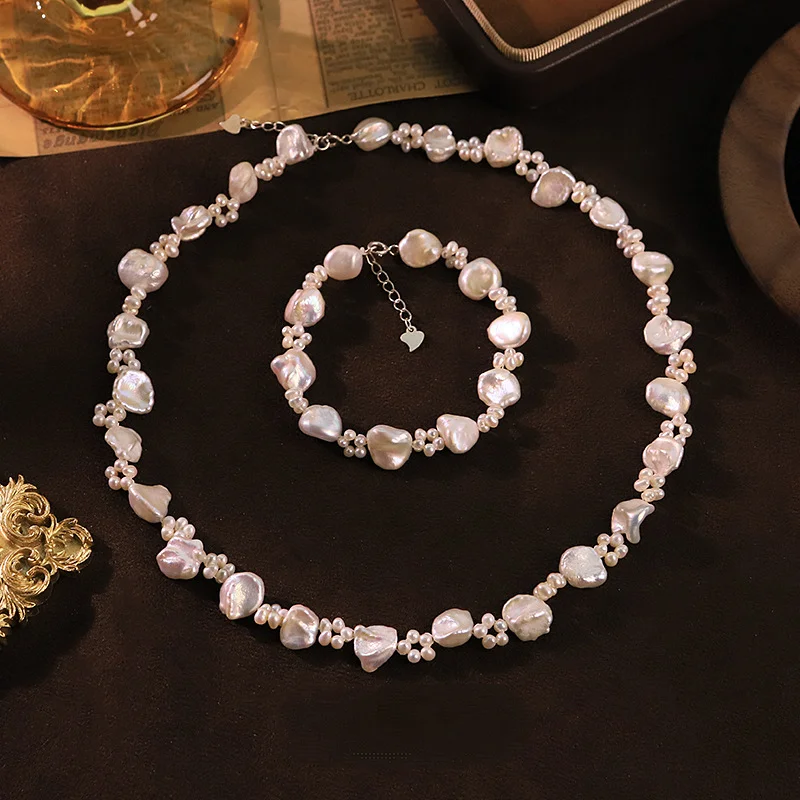 

Elegant Handmade Flower Necklace & Bracelet Pearl Jewelry Set Niche Luxury for Women Charm Choker Bohemian Wedding Party Gifts