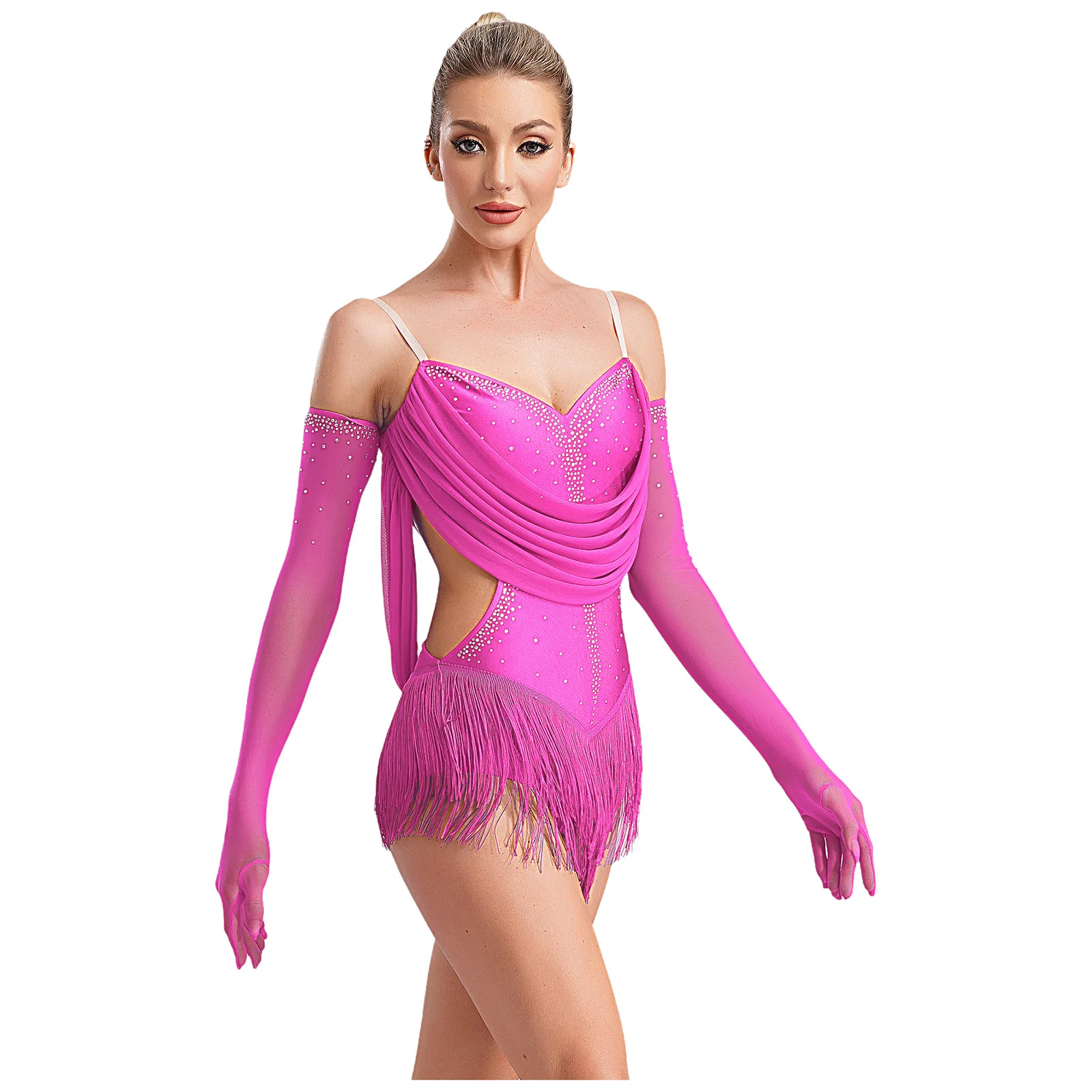 Trajes de baile latino para mujer, vestido de leotardo con borlas de diamantes de imitación, patinaje artístico, Cha-cha, Samba, Tango, mono con guantes, Ropa de baile