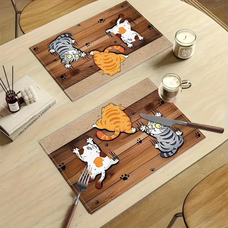 Fun Cat Tablemats Three Cats of Different Colors Scratch Wooden Board Pattern Placemat Full of Life And Cuteness
